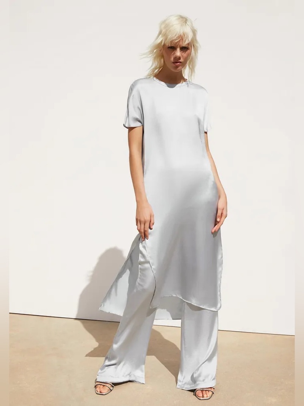 Zara Satin Pearl Gray Hi-Low Maxi Dress